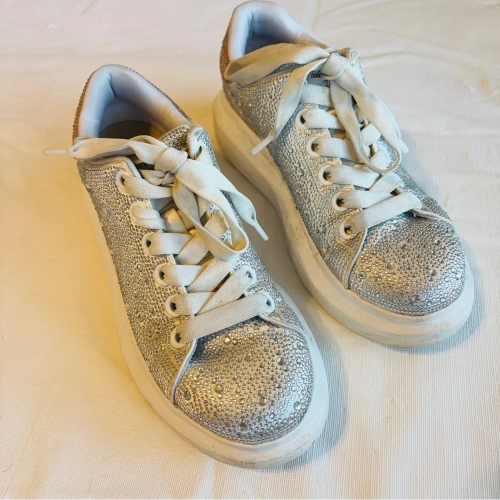 Silver Crystal Embellished Platform Sneakers